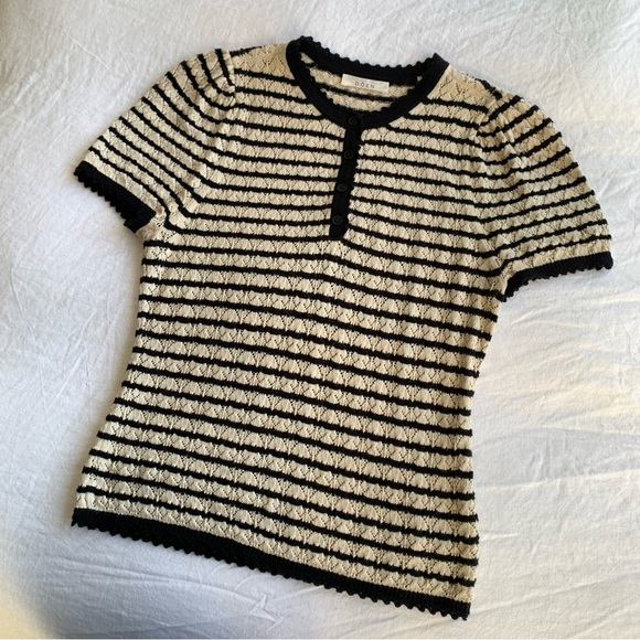 Doen Brandie Cotton Silk Knit Short Sleeve Puff Sweater Top Allaire Stripe Cream - Picture 6 of 12